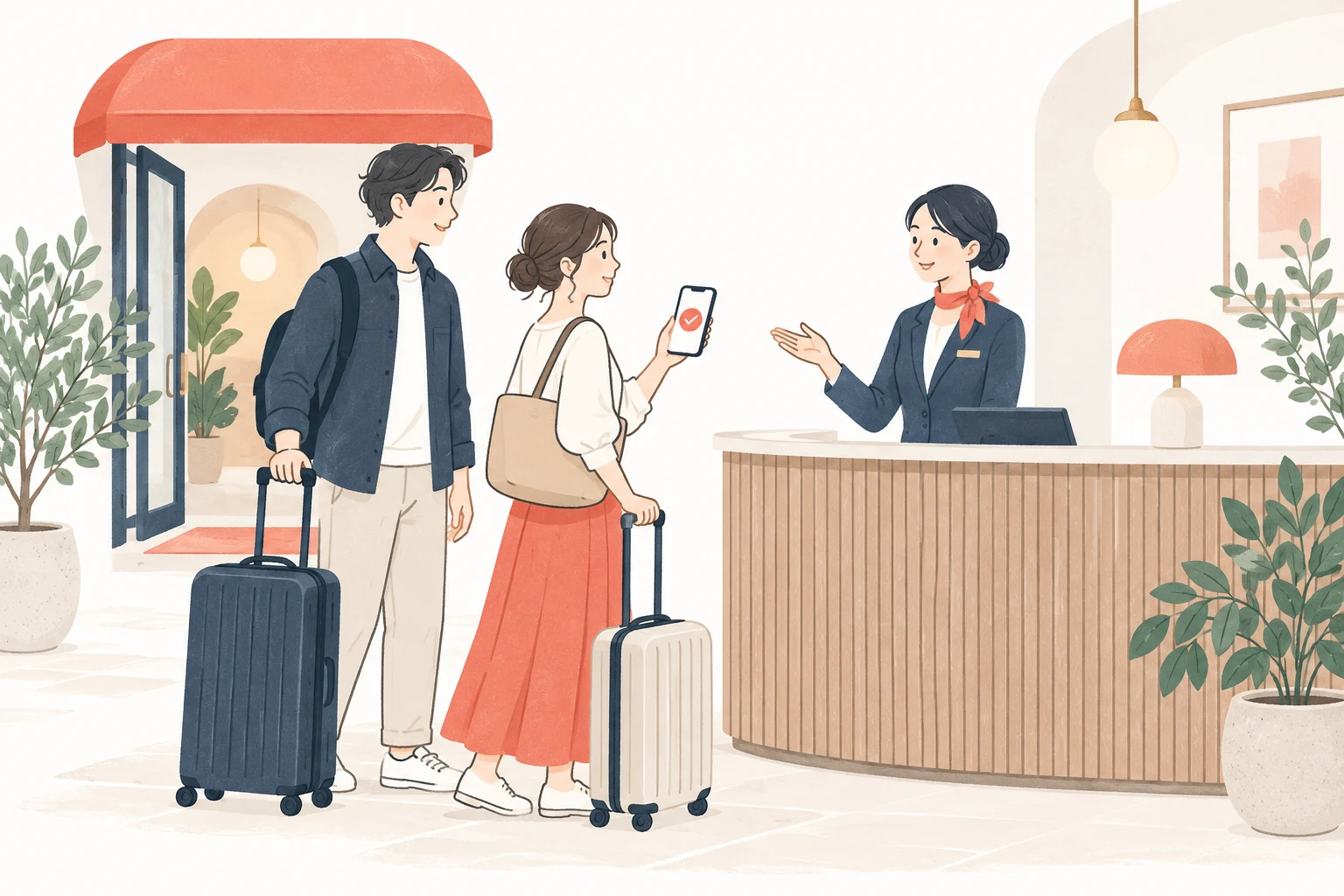 名義変更の完了案内を確認した旅行者が、ホテルでチェックインする