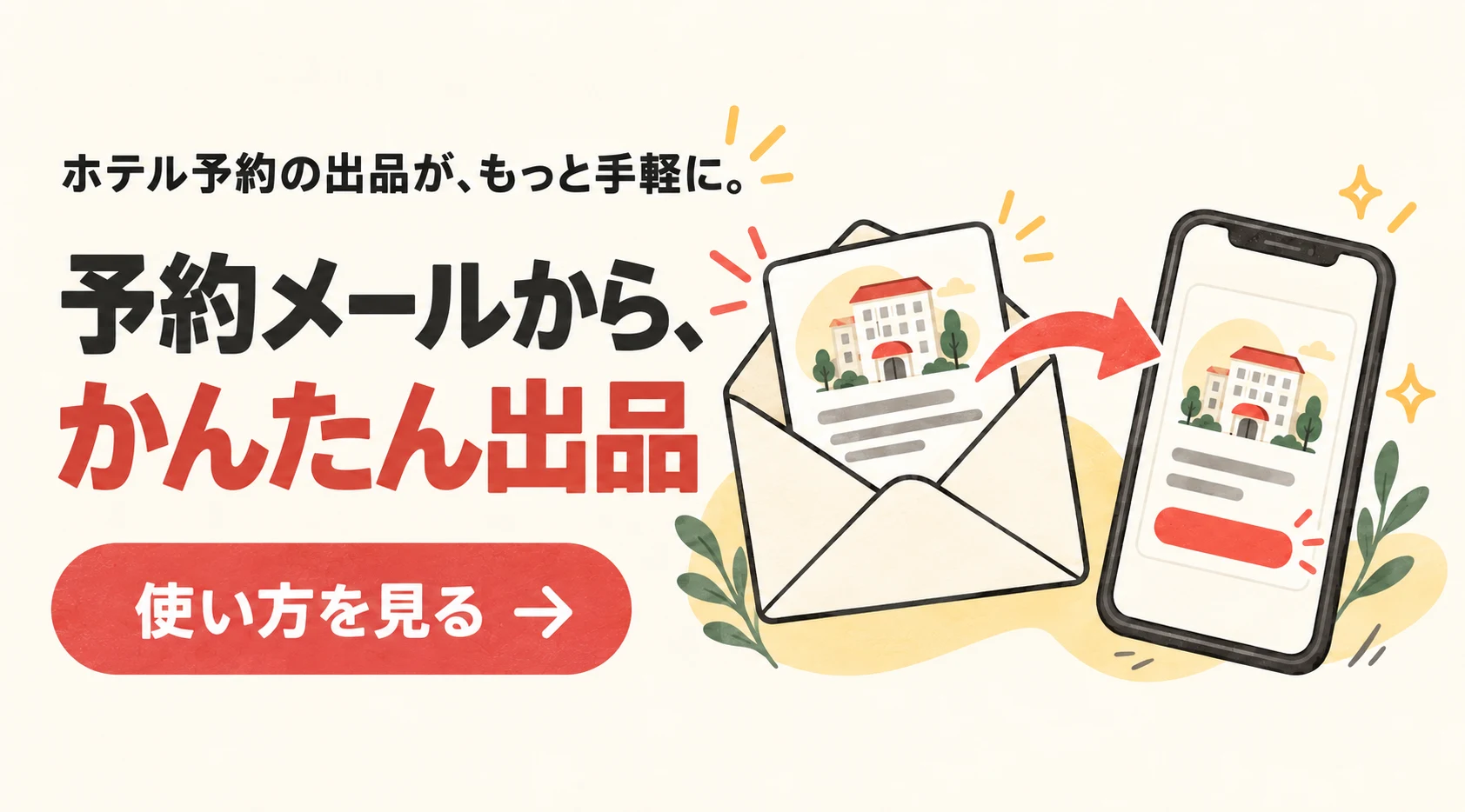 ホテル予約の出品が、もっと手軽に。予約メールから、かんたん出品。使い方を見る
