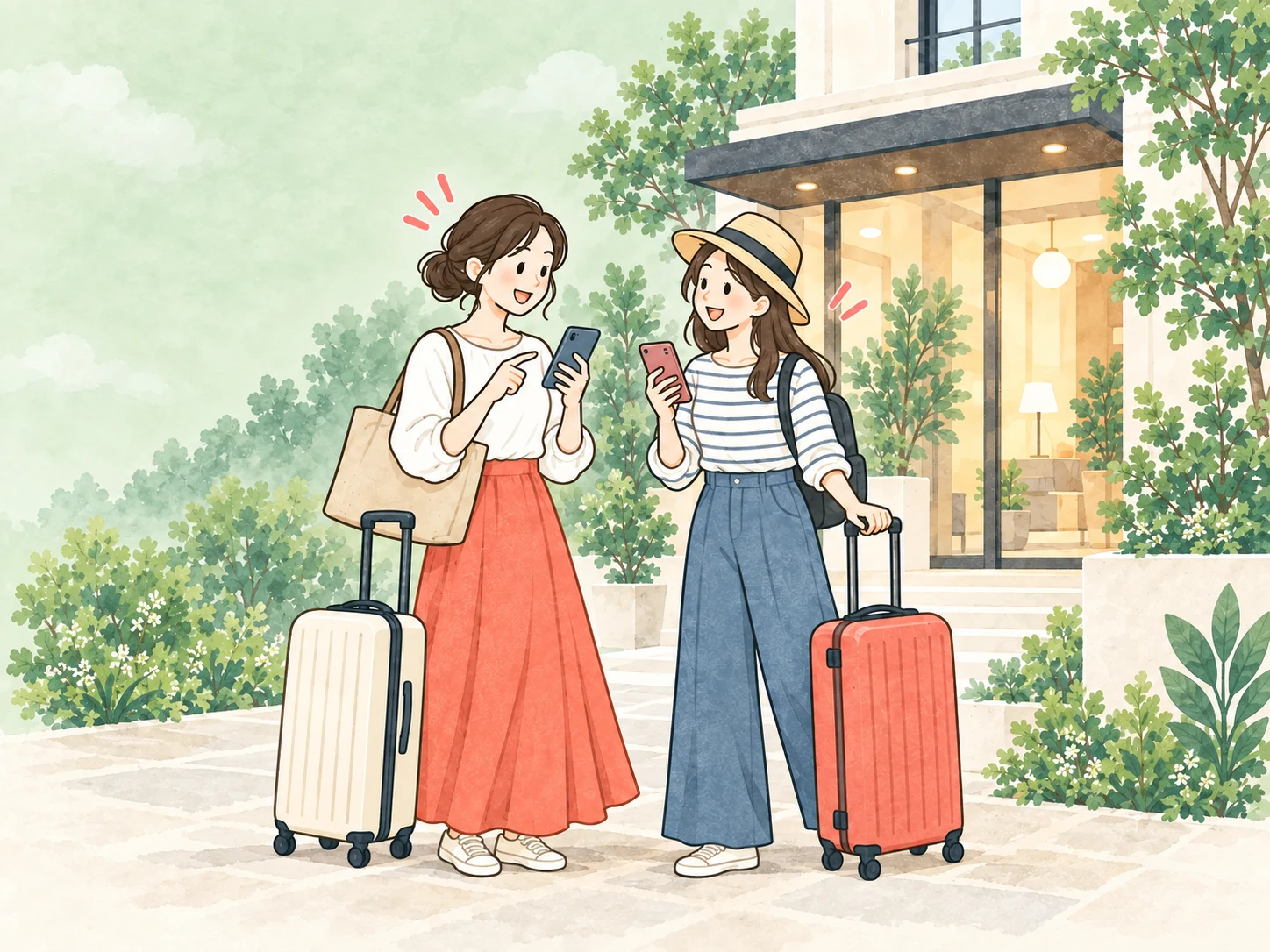 ホテルの前でスマートフォンを見せ合う、旅行中の友だちふたり