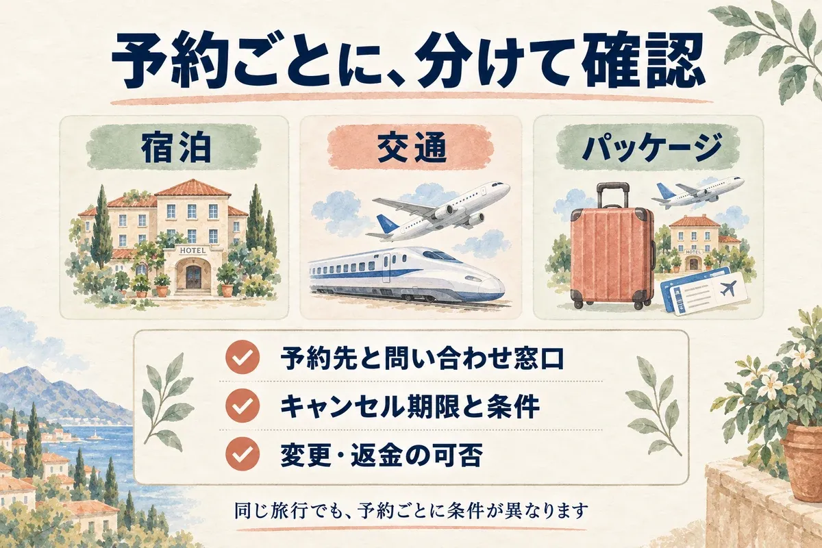 宿泊・交通・パッケージそれぞれで、予約先と問い合わせ窓口、キャンセル期限と条件、変更・返金の可否を確認する